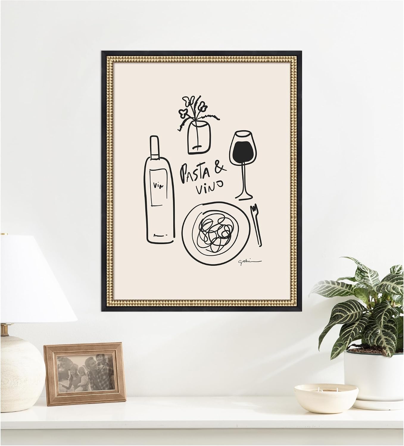 Kate and Laurel Framed Wall Art Print Pasta and Vino by Gabrielly Guedes, 20 x 26, Castellan Black Frame, Modern Contemporary, Cuisine Art for Wall Decor