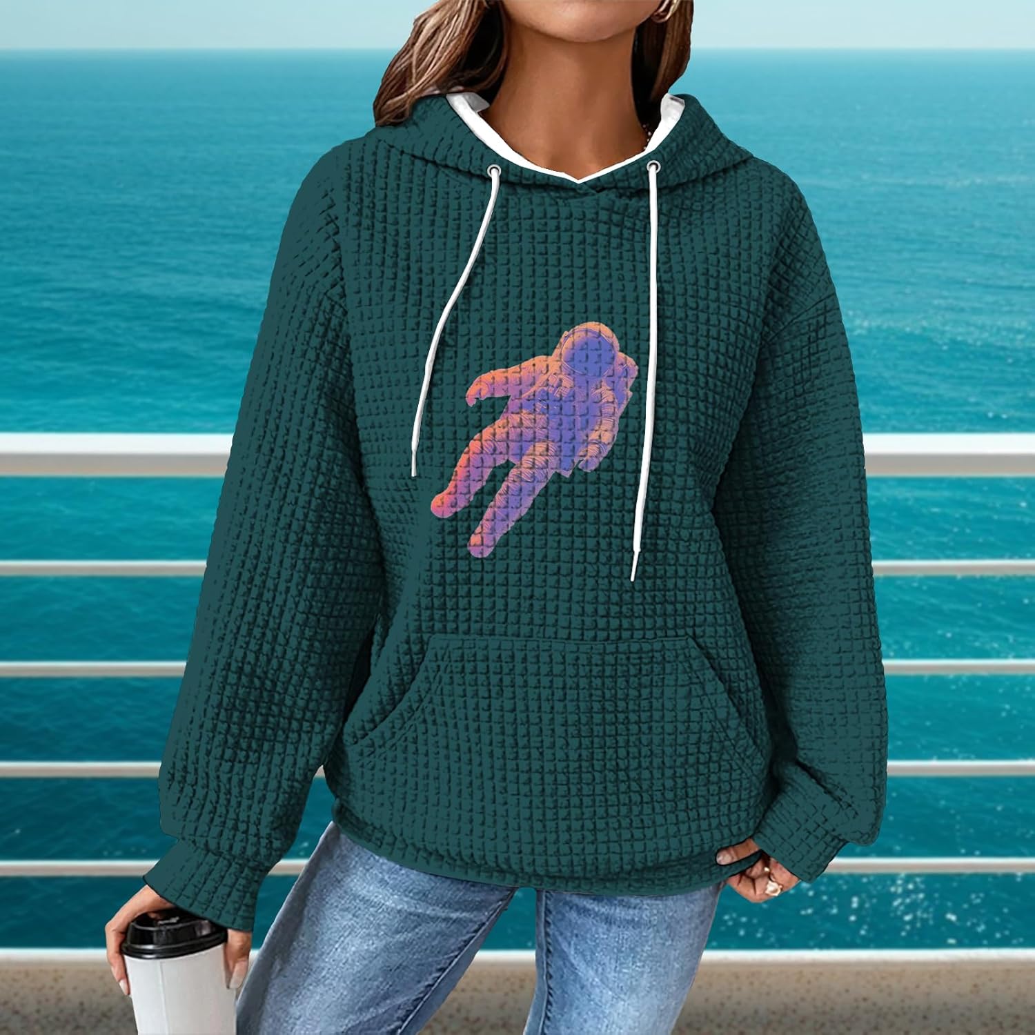 Waffle Hoodie Women Funny Oversized Pullover With Pocket Long Sleeve Comfy Vintage Street Wear Fall Basic Clothes - Image 2