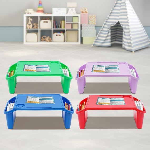 Kids Lap Desk Tray Plastic Breakfast Laptop Trays with Storage Portable Activity Table with Side Pockets/Slot Portable Lap Bed Table for Writing Eating Game Snacks (Blue, Red, Green, Purple/ 4Pcs)