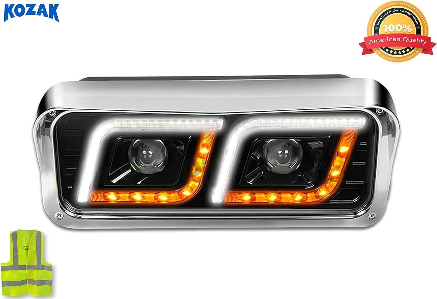 KOZAK LED DRL DUAL Black Projector Headlight (Driver Left Side) Compatible with PETERBILT 357 365 378 379 PLUS Logo Reflective Vest