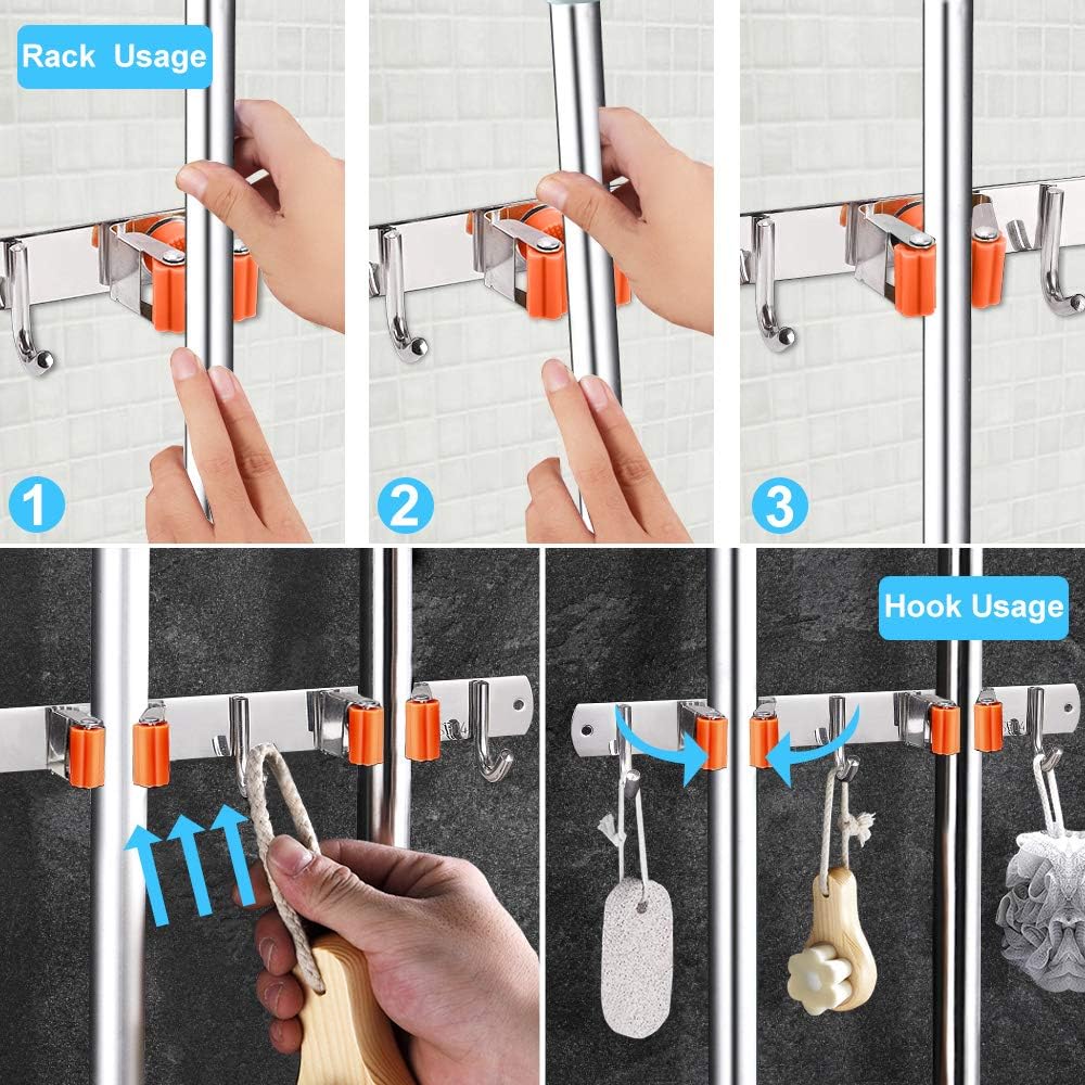 Mop Broom Holder Wall Mount Organizer Storage, Easy Install Screws or Self Adhesive Stainless Steel Tools Hanger for Kitchen Bathroom Closet Office Garden with 2 Racks 3 Hooks (2 Pack Orange)