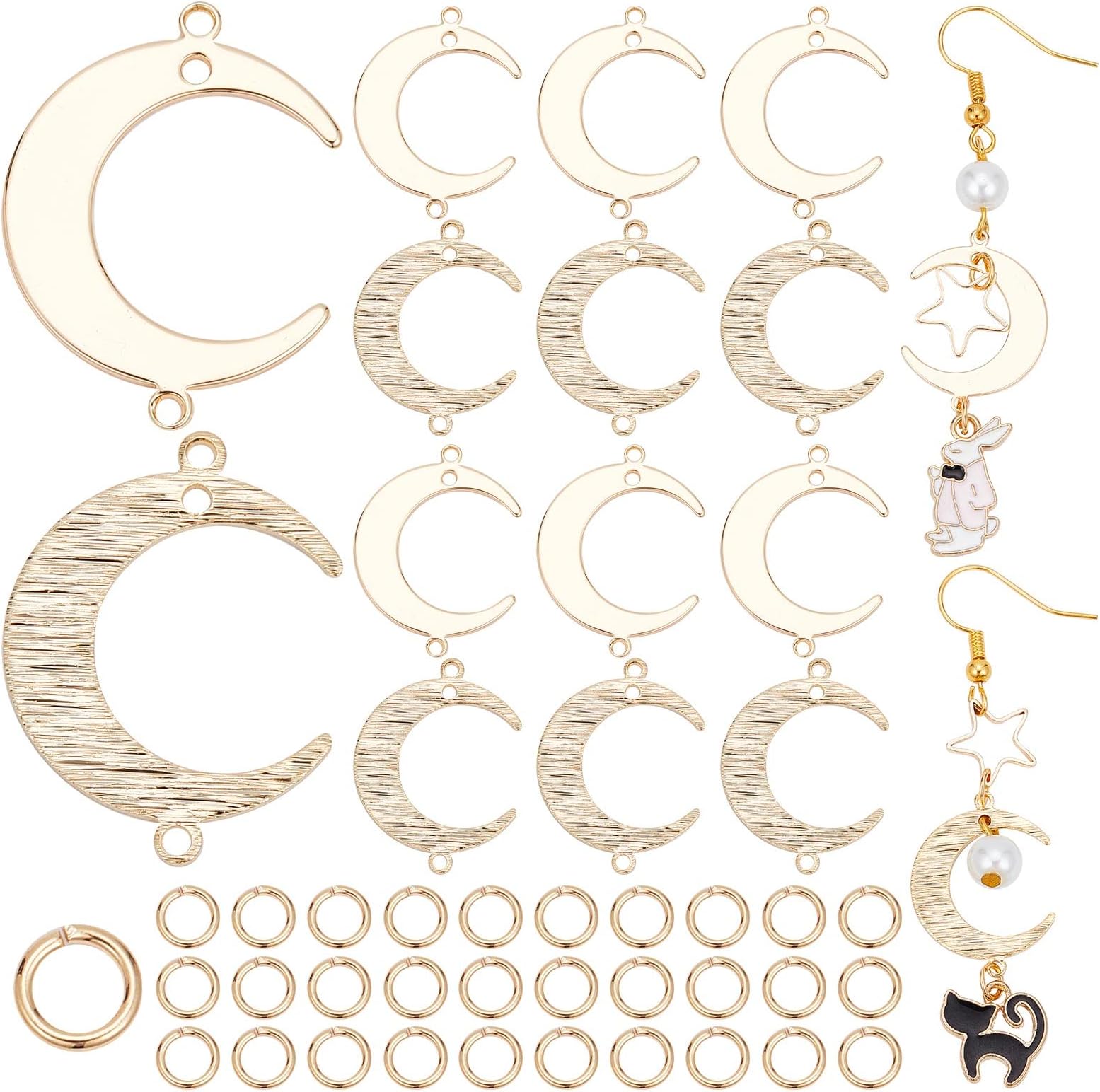 CREATCABIN 1 Box 40Pcs 2 Style 24K Gold Plated Brass Crescent Moon Connector Links Charms with Loop with 40Pcs Jump Rings for Necklace Bracelet Earring Keychain DIY Jewelry Making Findings Crafts