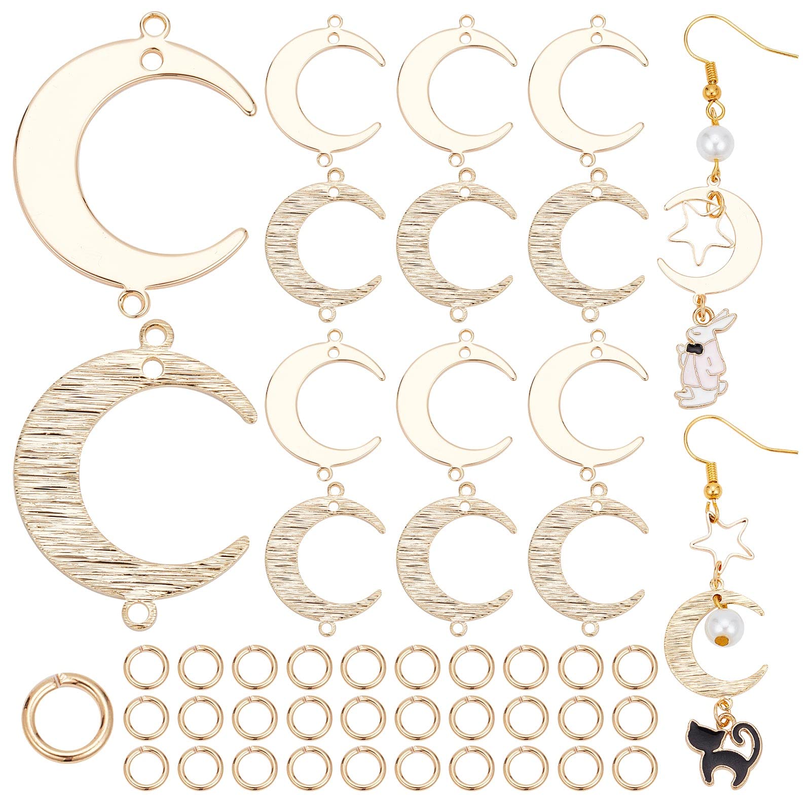 CREATCABIN 1 Box 40Pcs 2 Style 24K Gold Plated Brass Crescent Moon Connector Links Charms with Loop with 40Pcs Jump Rings for Necklace Bracelet Earring Keychain DIY Jewelry Making Findings Crafts