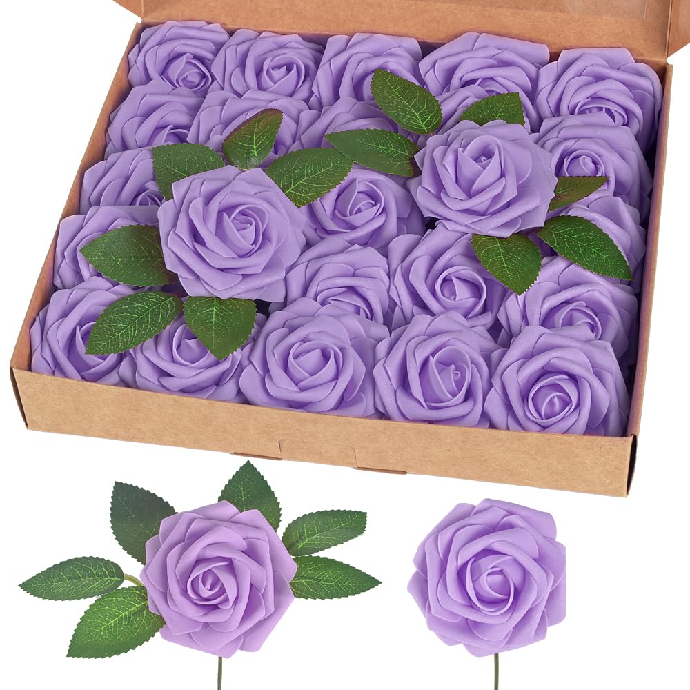 Homedge Lilac Artificial Rose, 25Pcs Foam Artificial Flowers With Stem For Home Decorations, Wedding Bouquets, Party, Certerpieces, Anniversaries