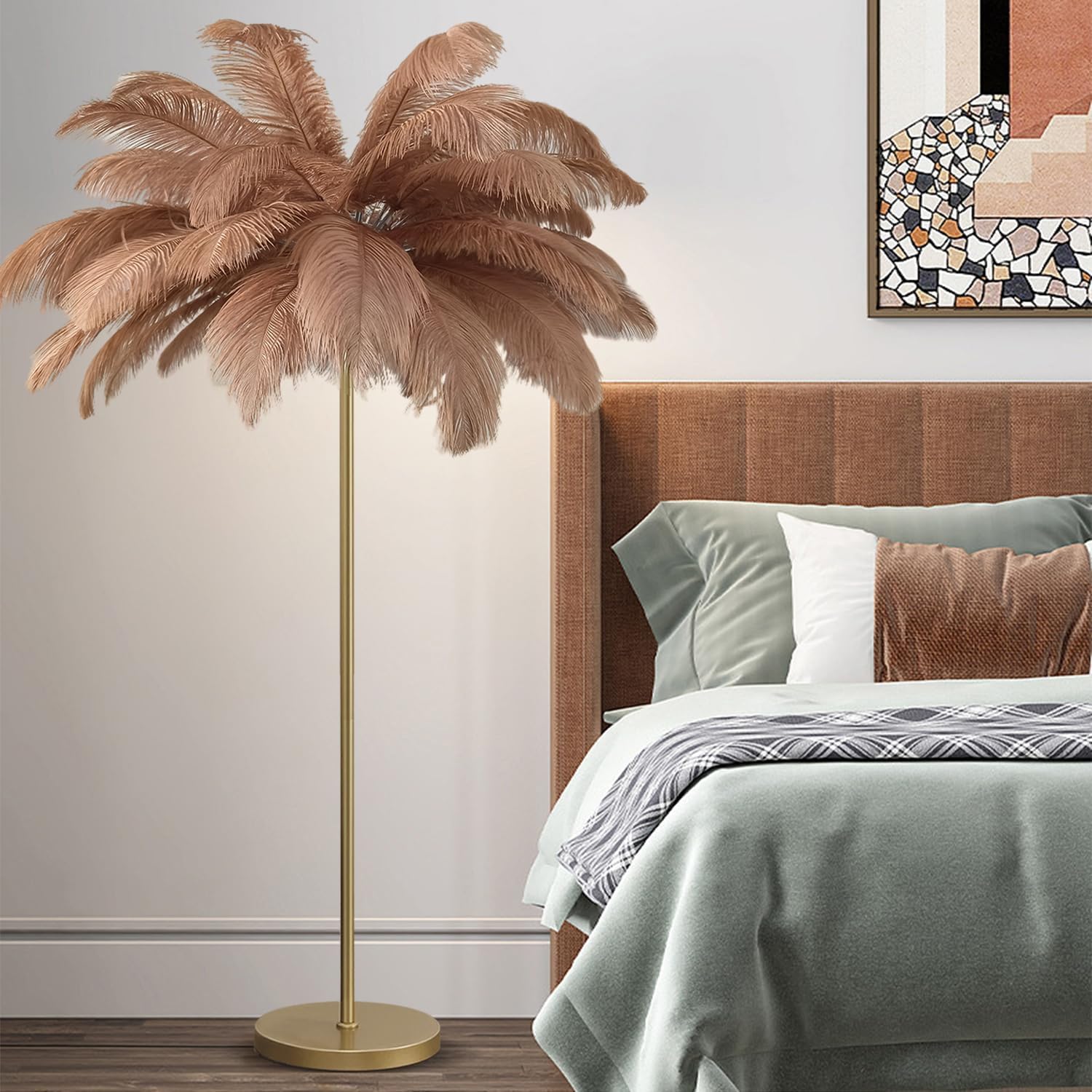 Natural Ostrich Feather Floor Lamp, Gold and Curry Atmosphere With Eye Protection Reading Lamp for Bedroom, Living Room Corner Decoration , (Curry), Brown