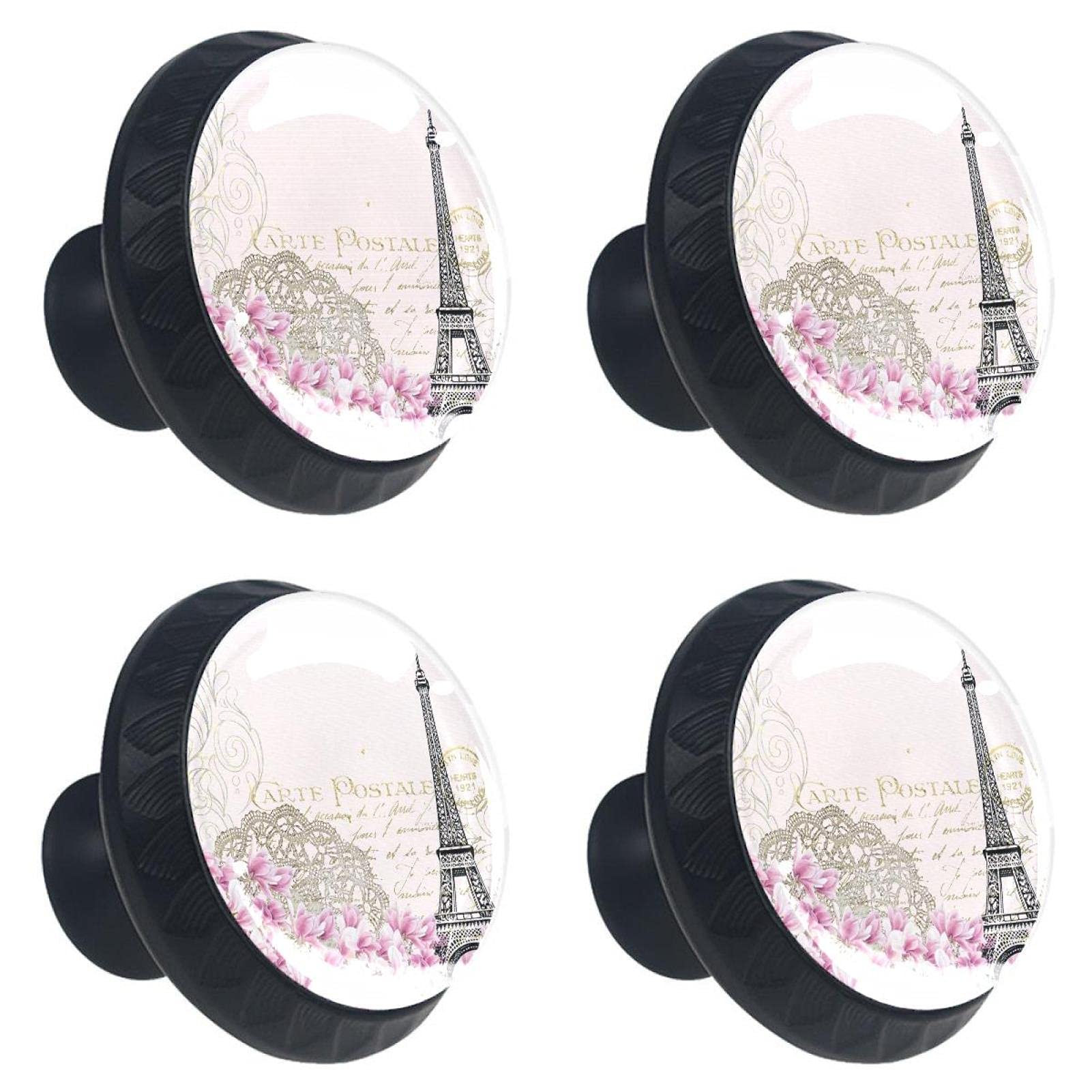 Boutons de meuble ronds en verre rose Tour Eiffel de 30 mm | Lot de 4
