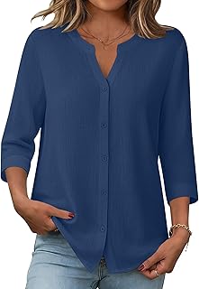 Button Down Shirts for Women 3/4 Sleeve Linen Cotton V Neck Tops Dressy Casual Loose Work Blouses