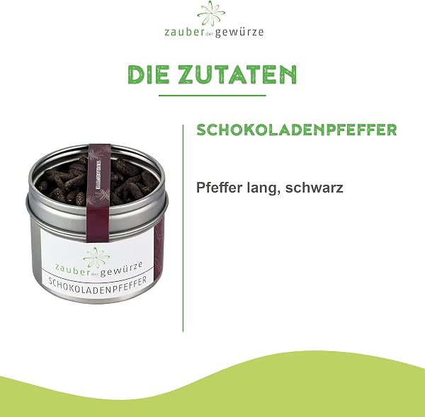 Zauber der Gewürze Schokoladenpfeffer – Kleiner Langer Pfeffer ganz, Stangenpfeffer mit natürlichem Schokoladenaroma, ideal für Wildgerichte, Ente und Soßen, 55 g - 3