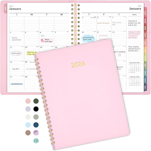 Forvencer 2026 Planner Weekly and Monthly, Jan 2026 -Dec 2026, Vegan Leather Cover Calendar Planner, 8.5" x 11" Agenda with Color Tabs, Inner Pocket, Spiral, 2026 Planner for Office School Supplies