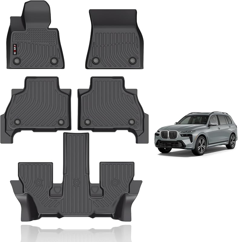 Tapetes automotivos de TPE KELCSEECS para BMW X7 2019 a 2026, dianteiros, traseiros e 3ª fileira, versão de 6 lugares, pretos