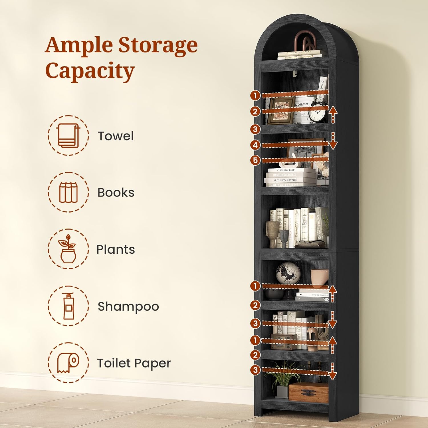 76" Tall Narrow Arched Bookcase,7-Teir Mid-Century Modern Bookshelf,Adjustable Shelves offering More Storage Space for Living Room,Kitchen,Home Office,Black - Image 3