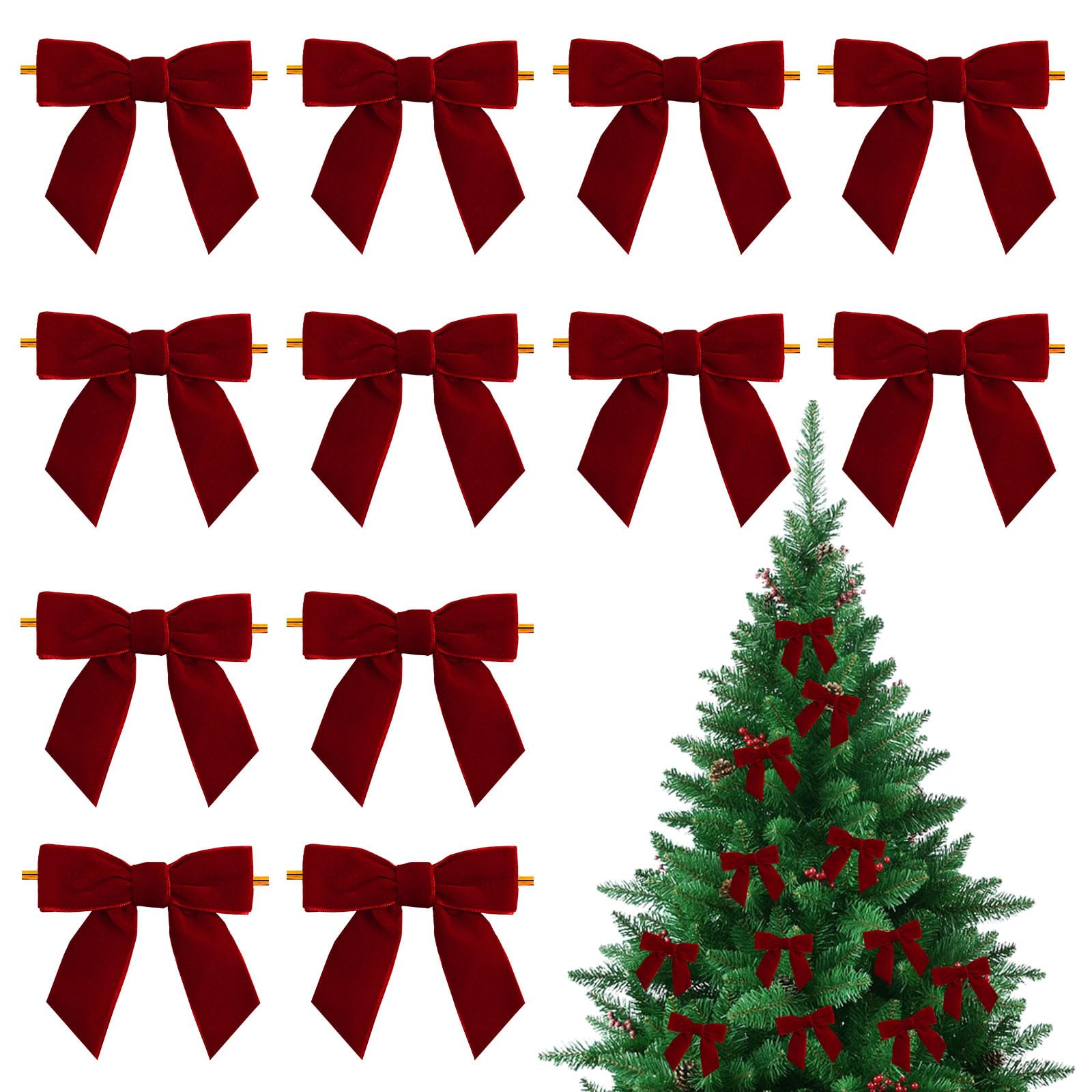 Fogcosy Wine Red 12 Pcs Bows For Christmas Tree Decorations, Christmas Tree Velvet Bows With Twist Ties, Xmas Decor Wreath Ornament For Trees Wreath Tie For Home Indoor Decor Outdoor Decorations