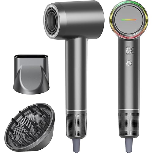 Hair Dryer, High Speed Powerful Negative Ionic Blow Dryer with 160000 RPM Brushless Motor for Fast Drying, Professional Low Noise Hairdryer with Diffuser and Nozzle, 4 Temps & 2 Speeds (Premium Gray)