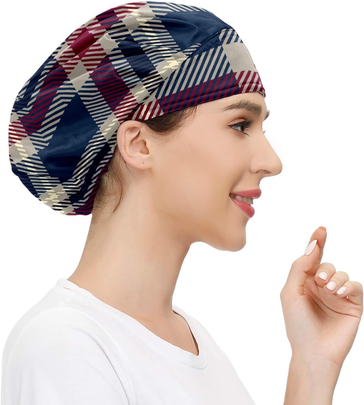 Womens Working Cap with Cotton Sweatband Adjustable Elastic Head Cover Hair Tie Back Work Hats for Women Men One Size Bouffant Hat Covers Rtro Plaid