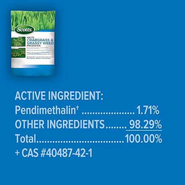 Scotts Halts Crabgrass & Grassy Weed Preventer granules ready for lawn application.