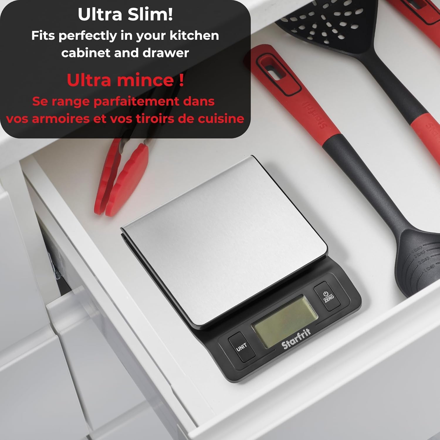 Starfrit Digital Kitchen Scale with dimensions labeled: 6 inches (15.1 cm) width, 7.7 inches (19.6 cm) length, and 1.4 inches (3.5 cm) height. Capacity 11 lb / 5 kg.