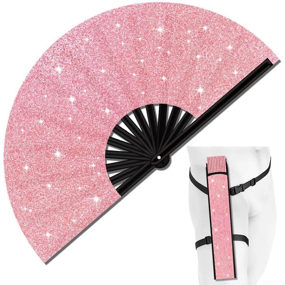 Hand Fan, 33cm Glitter Folding Clack Fan Perfect for Raves Festivals Parties Flamenco Spanish Style Dance Fan Sparkle Sequin Fabric Colorful Design(Pink glitter fan)