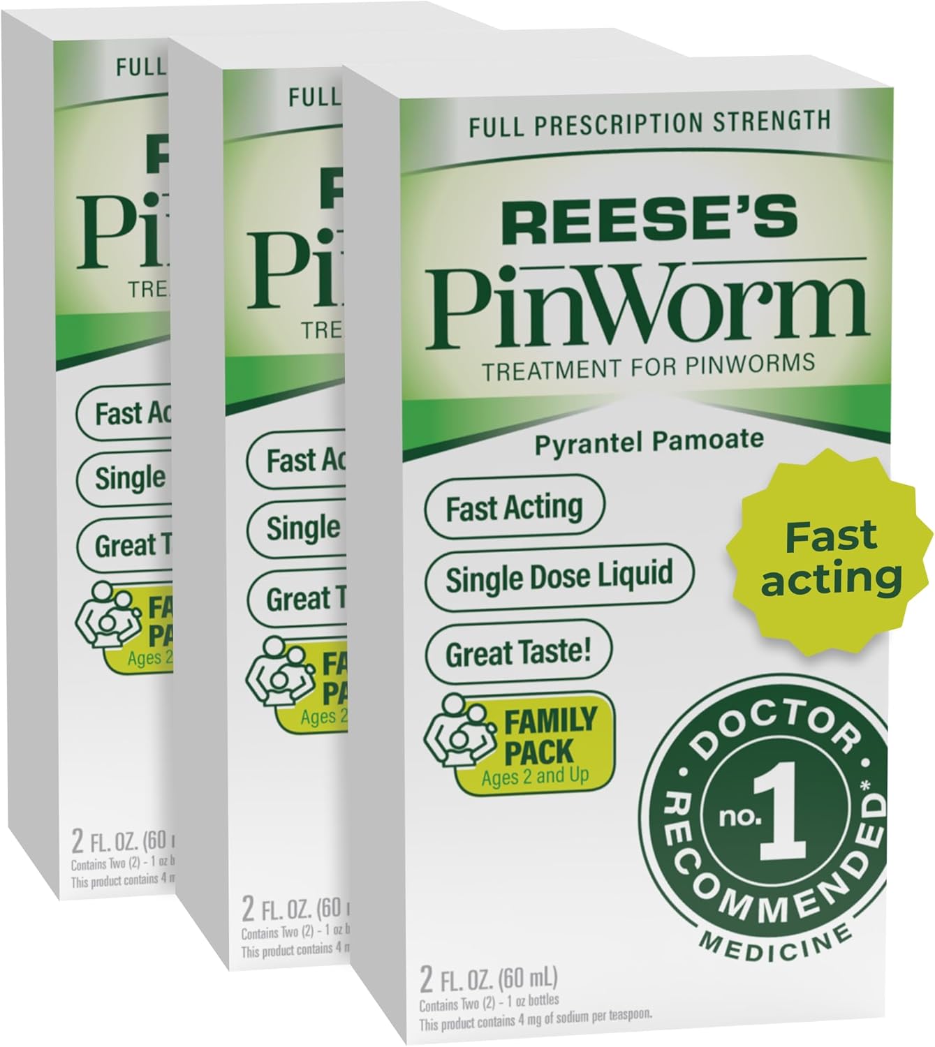 REESE'S PINWORM Medicine Liquid for Entire Family, Full Prescription Strength, 2 Oz, Pack of 3, #1 Doctor Recommended Single Dose Pyrantel Pamoate Dewormer for Adults & Kids Ages 2+, Banana Flavor