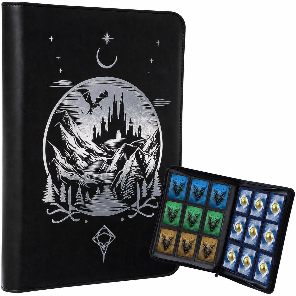 Celestial Moonlit Castle Card Binder – Fantasy 9 Pocket Ringless Trading Binder for MTG and TCG Cards – Metal Foil PU-Leather – 432 Side-Loading Pockets – Perfect Storage Holder for Card Collections
