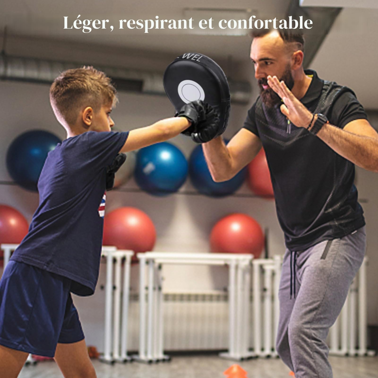 DEWEL Bouclier de Frappe en Cuir PU et 1 Paire de Pattes d'ours Boxe en Cuir pour MMA Entraînement, Arts Martiaux, Taekwondo, Sports de Combat