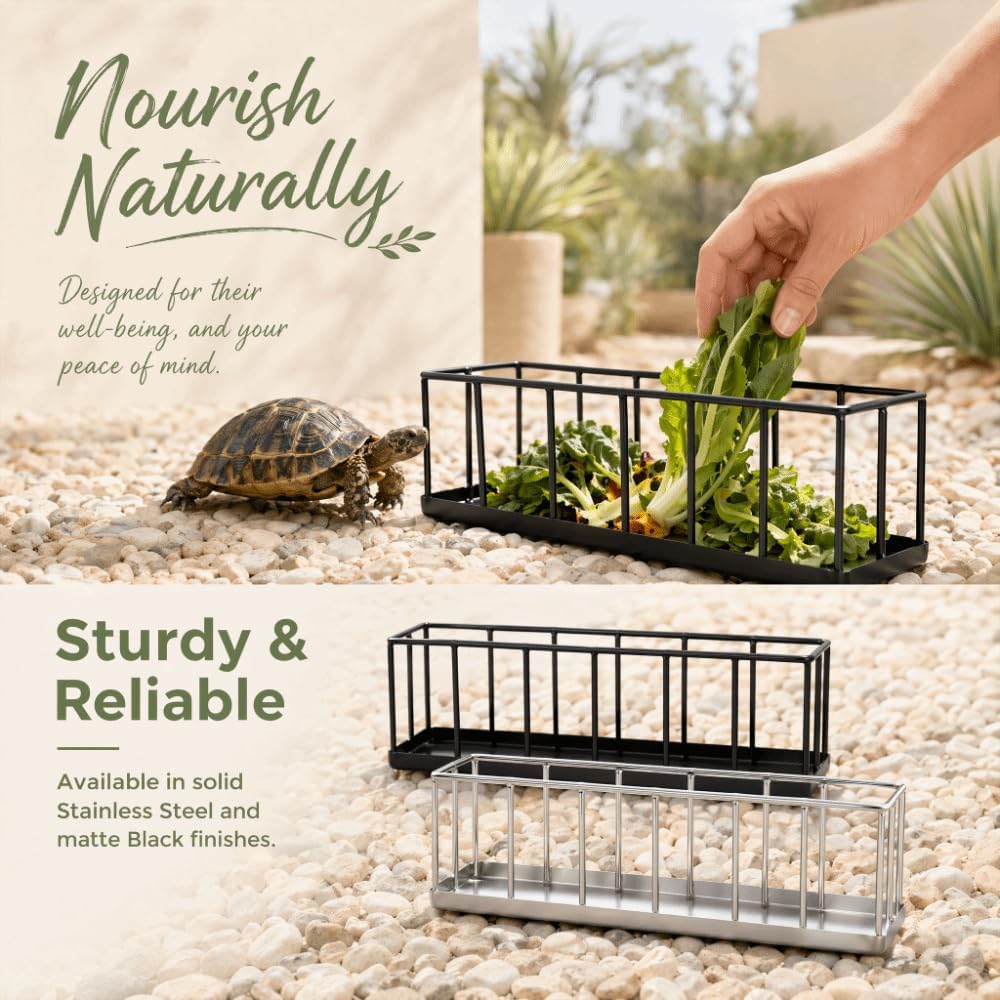 Stainless Steel Tortoise Feeder, Dual Compartment Reptile Food and Water Bowl, 80 fl oz, 11.81 x 4.13 x 3.15 in