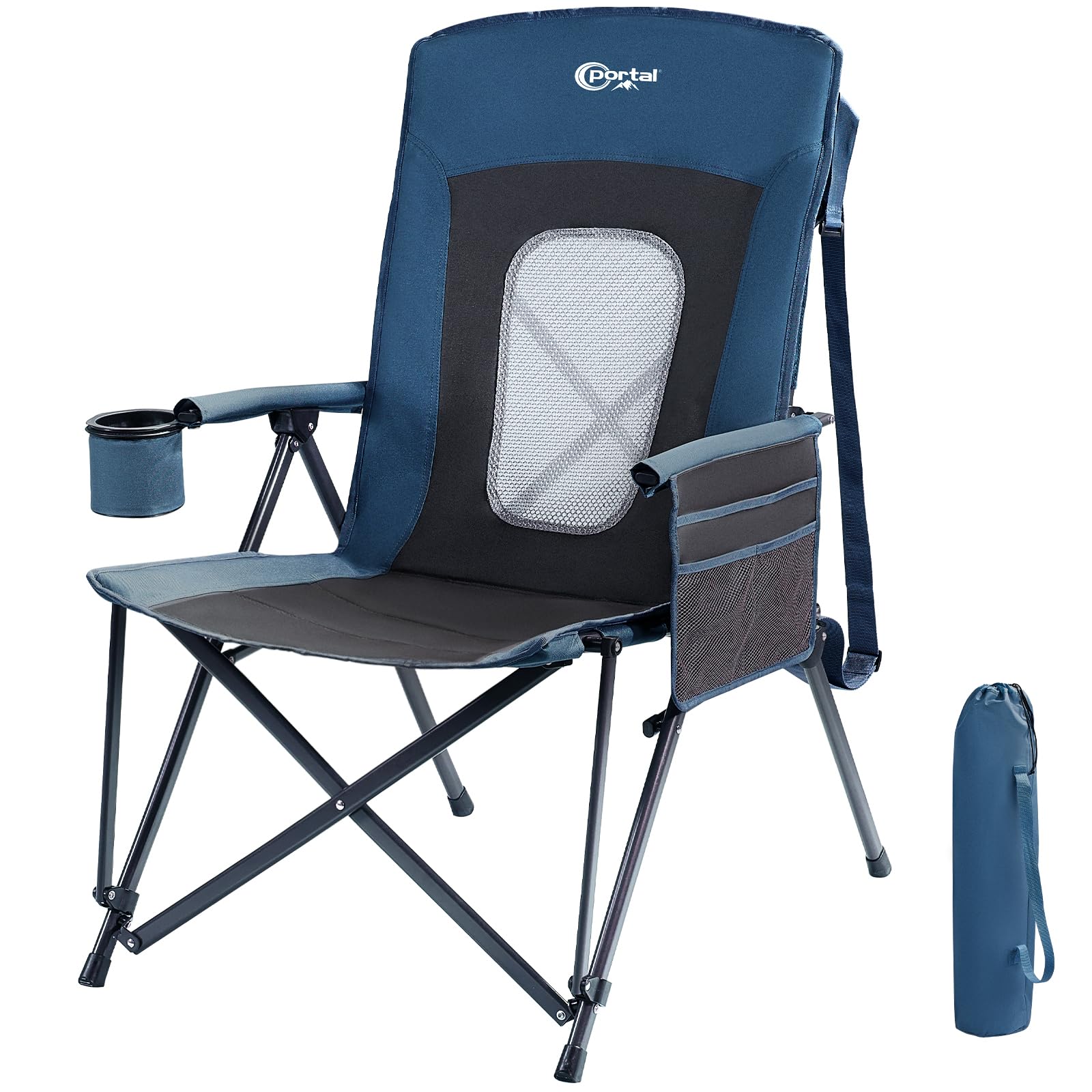 Portal Campingstuhl Faltbar Klappstuhl 180 KG Belastbar mit Hochlehner Verstellbar Camping Anglerstuhl Gartenstuhl Sessel mit Tasche Getrankhalter für Garten Balkon Picknick