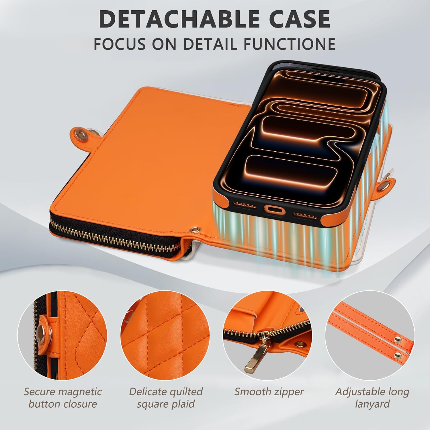 Rssviss Crossbody Wallet Case for iPhone 17 Pro Max with Wrist Strap, Detachable Zipper Purse, Magnetic Flip RFID Blocking Card Holder, Wireless Charging Removable Cover for Men Women 6.9", Orange image 4