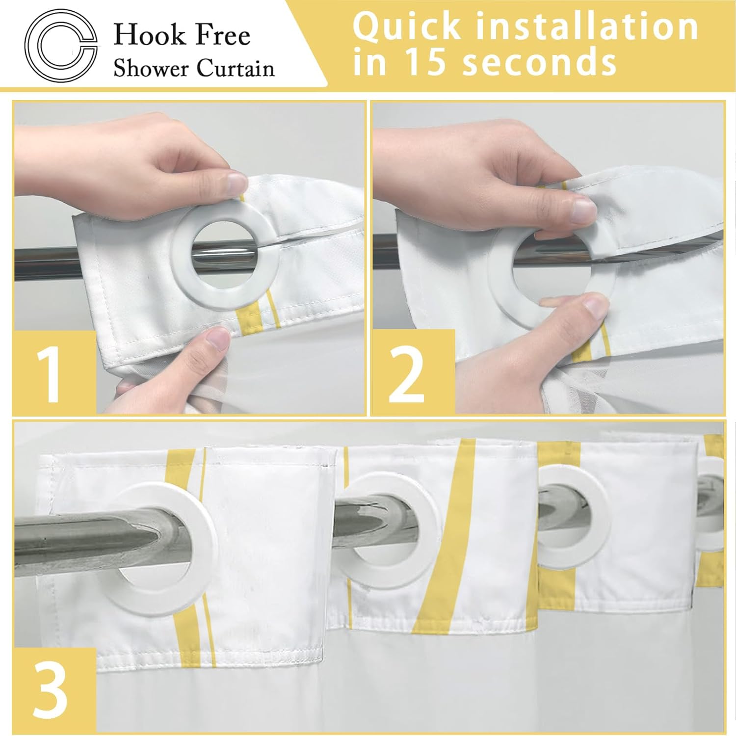 No Hook Shower Curtain with Snap in Liner Set, Gold and White Striped Design, Waterproof Washable Fabric Hotel Shower Curtains for Bathroom Decor with See Through Mesh Top Window 71x84 Inch