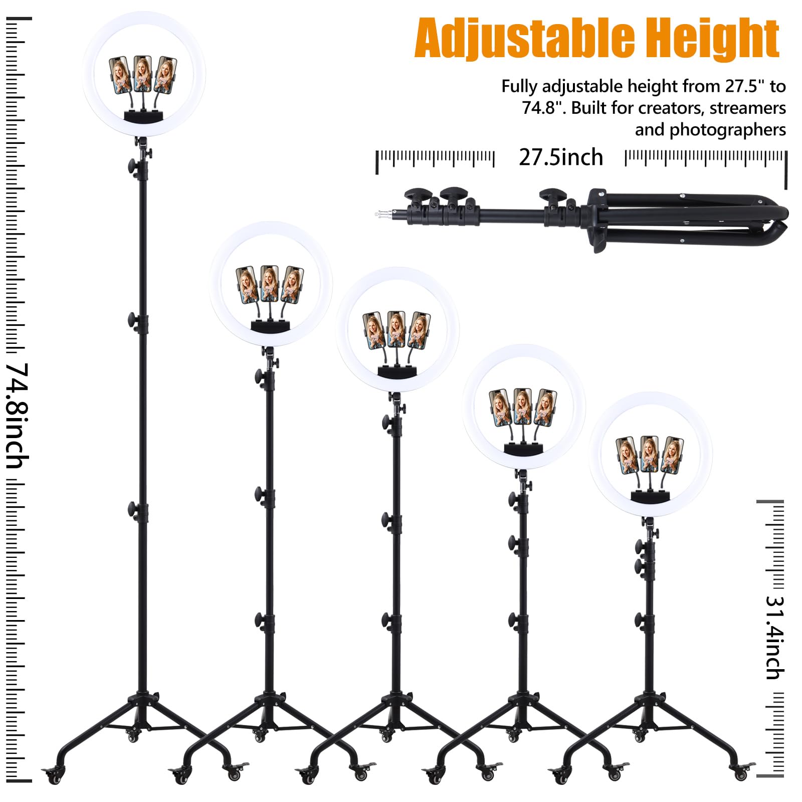 Anillo de luz plegable con soporte para iPhone iPad, trípode de 75 pulgadas con ruedas, pantalla LED de 50 W 6500 K, 2 puertos USB, gran rodamiento-RL01 New1