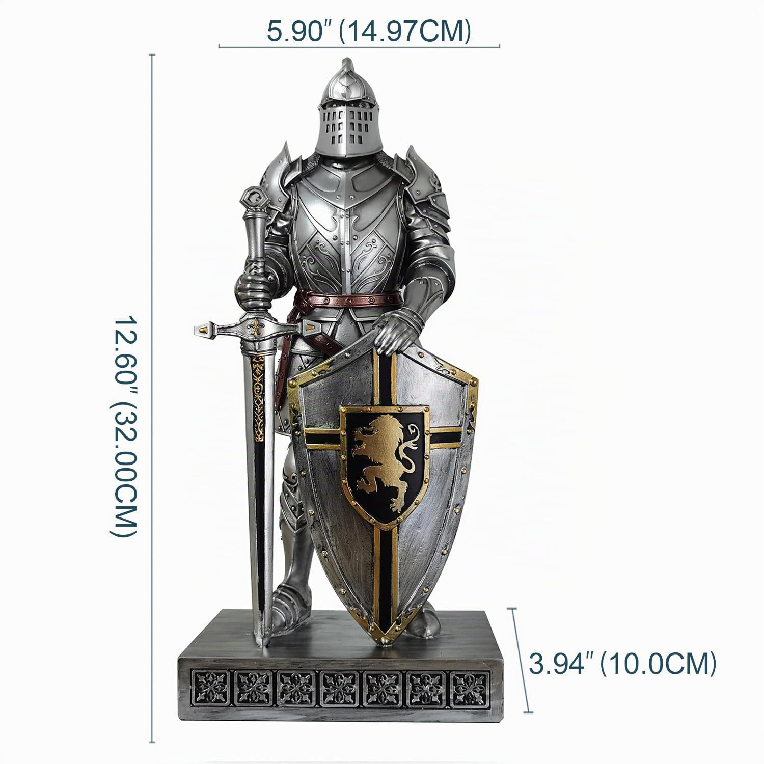 Cavaliere della Guardia del Re con Scudo, Accessori da Scrivania, Statua Cavaliere Medievale, Ornamento Fermacarte per ufficio e casa, collezione top come regalo, 32 cm (argento)