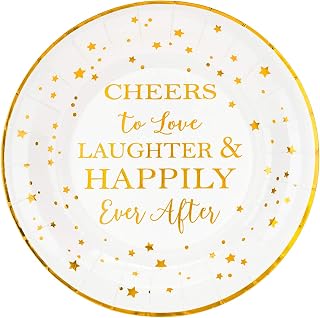 Crisky 50 Counts Cheers to Love Gold Plates for Bridal Shower, Wedding, Engagement, Bachelorett Party Decorations, Dessert, Buffet, Cake Disposable Plates Party Supples, 9" Plate