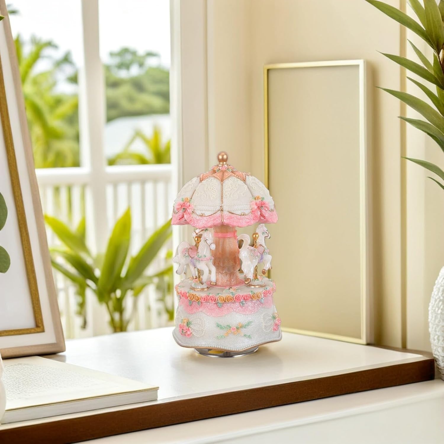 Housoutil Carousel Music Box with Rotating Horse and LED Lights, Vintage Mechanical Musical Box for Home Décor and Christmas, White Color