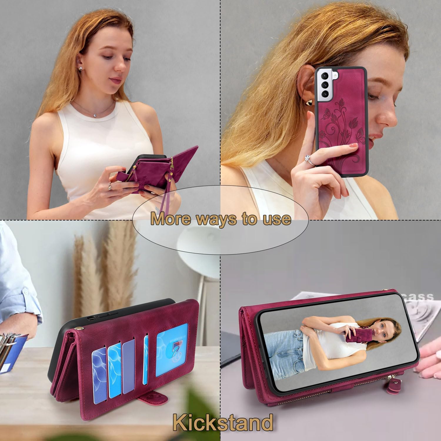 Lacass for Samsung Galaxy S21+ Plus G996U Case, [12 Card Slots] ID Credit Cash Holder Zipper Pocket Detachable Magnet Leather Wallet Cover with Wrist Strap Lanyard (Floral Wine Red)