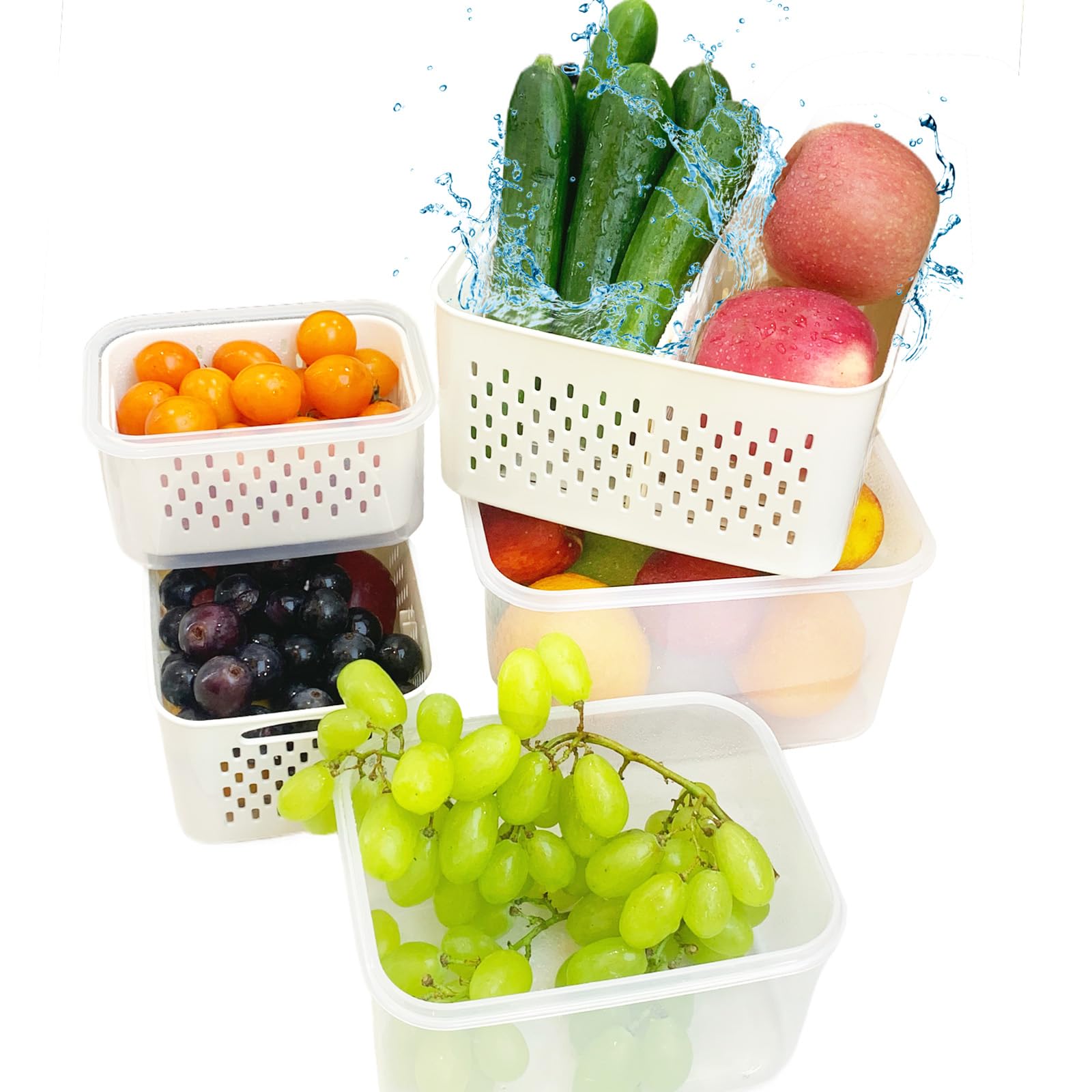 XYSaiXuan Organizador de frigorífico, 3 unidades de recipientes con tapa sin BPA, cajas de plástico para preparar alimentos, frutas, verduras, almacenamiento con cestas de drenaje y compartimentos,