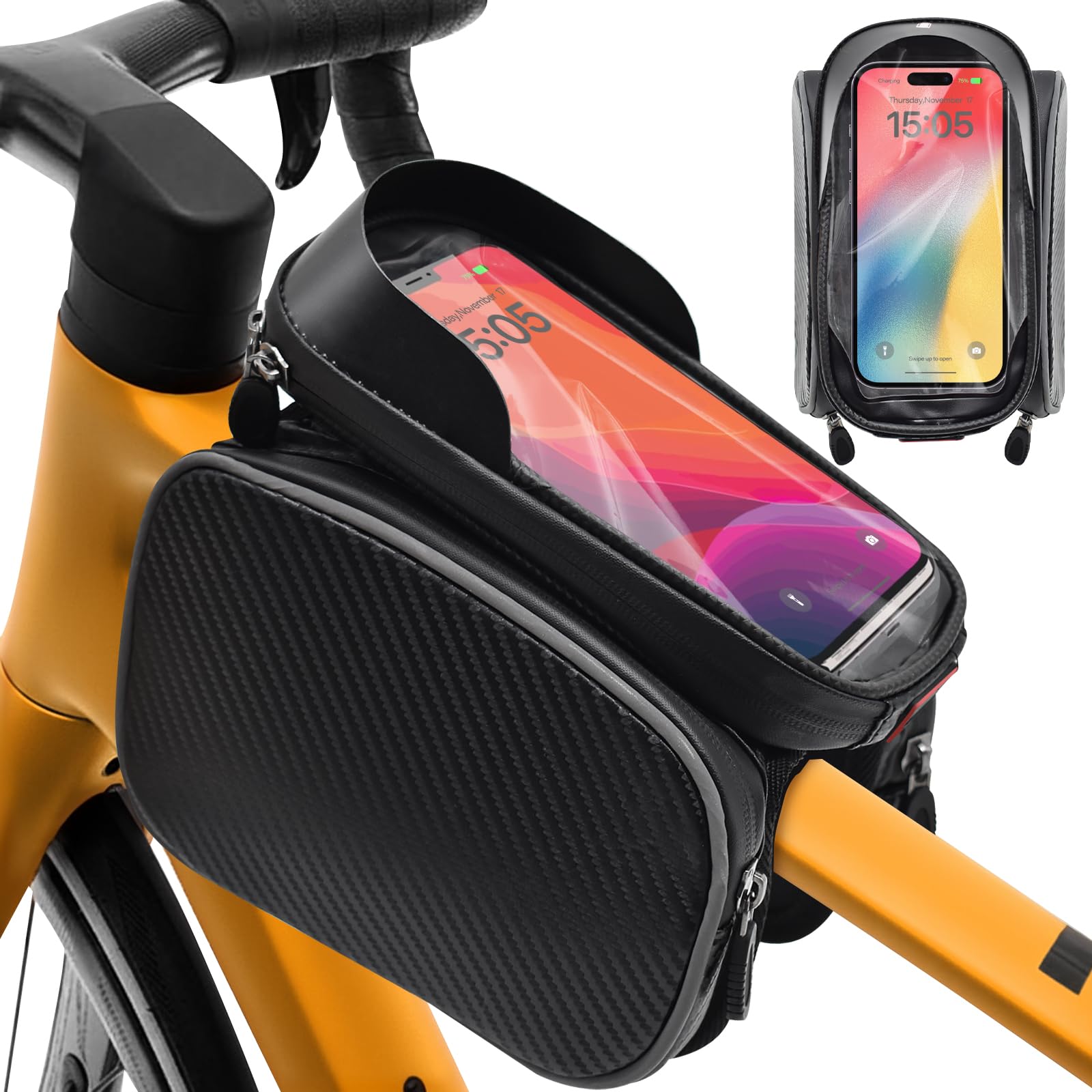 Borsa da Manubrio, Impermeabile Borsa Telaio Bici con Touchscreen TPU Bici Telaio per Smartphone Fino 6,8'' Borsa Tubo Anteriore per MTB, Bici Gravel, Bici Strada, Bici Elettrica