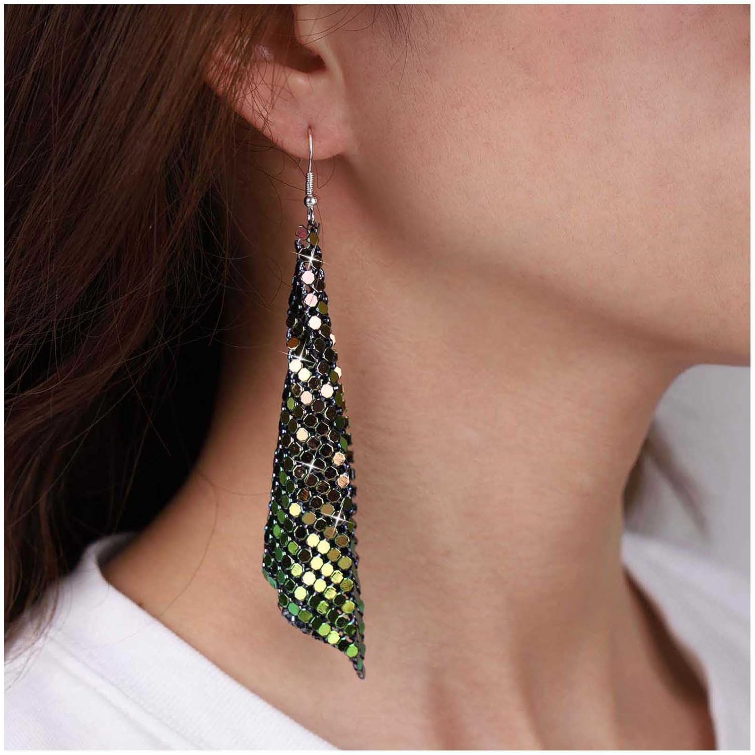 Boho Metal Mesh Earrings Gold Sequin Drop Earrings Sequin Tassel Dangle Earrings Long Mesh Grid Earrings statement sequin earrings Jewelry for Women and Girls - Image 2