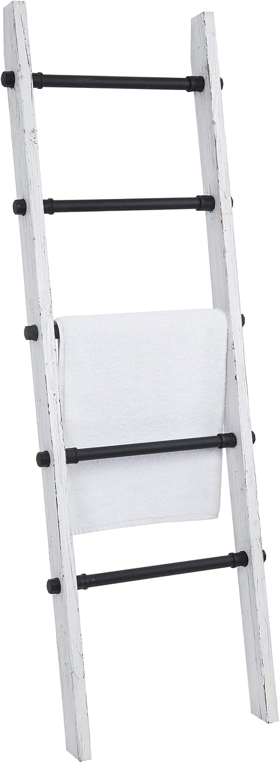 MyGift Vintage Whitewashed Wood Throw Quilt Blanket Ladder Farmhouse Style with 5 Black Metal Rungs, Bathroom Towel Ladder Storage Rack