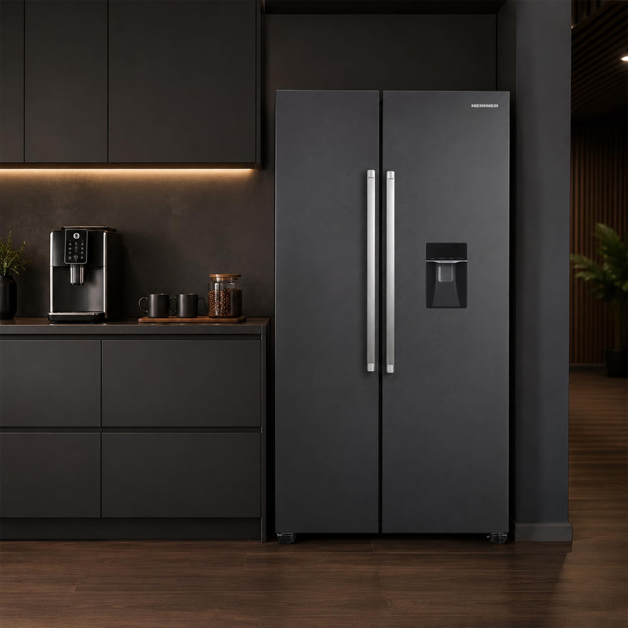Side-by-Side Kühlschrank 439 L – Total No Frost, Inverter-Kompressor, Wasserspender – amerikanischer Kühlschrank mit Doppeltür, Dunkelgrau, Energieeffizienzklasse E – HSBS-HM439NFINVDGWDE