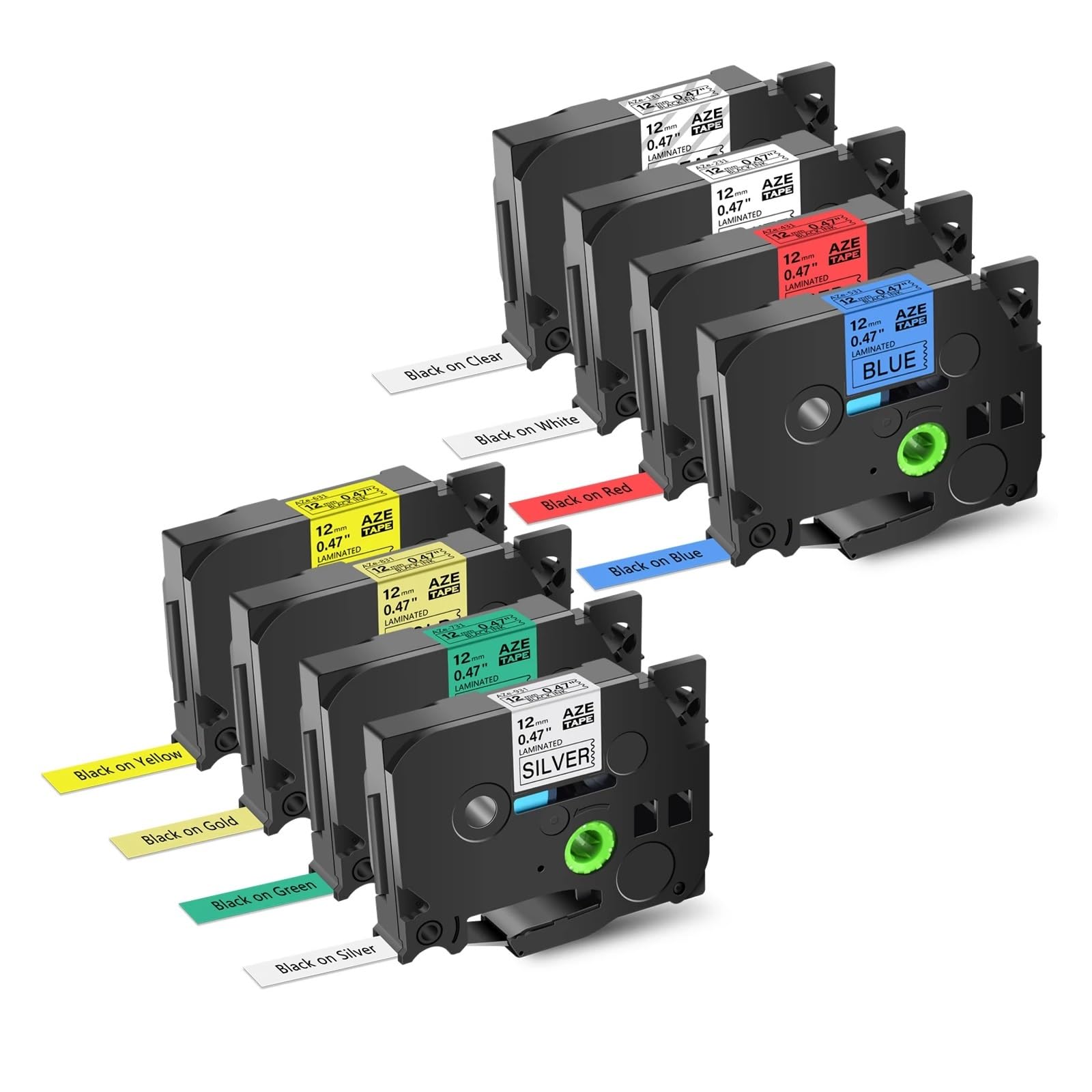 8/10 unidades de cinta laminada negra sobre blanca 12 mm TZ 231, 241, 251, 211, 631, 651, compatible con la rotuladora Brother PTouch(8PK Multicolor)