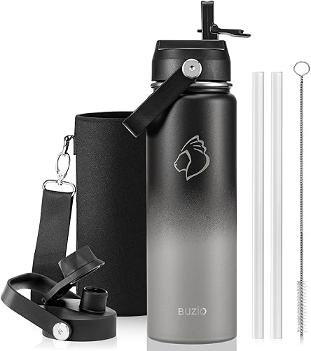 Miniatura 57 de BUZIO Botella de agua aislada de 24 oz, frasco de agua de boca ancha de acero inoxidable con tapa de pajita, frío durante 48 horas a prueba de