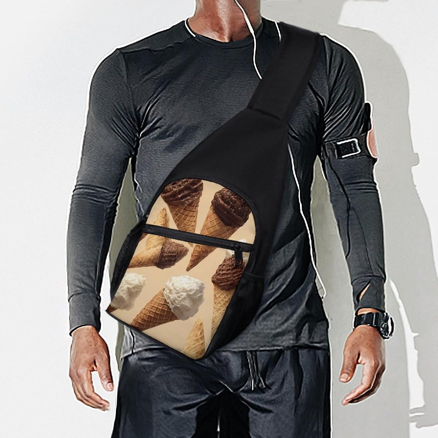 Ice Cream Wafers Cone Crossbody Sling Backpack Chest Bag Daypack | unisex,trendy,with convertible and detachable shoulder strap,side pockets