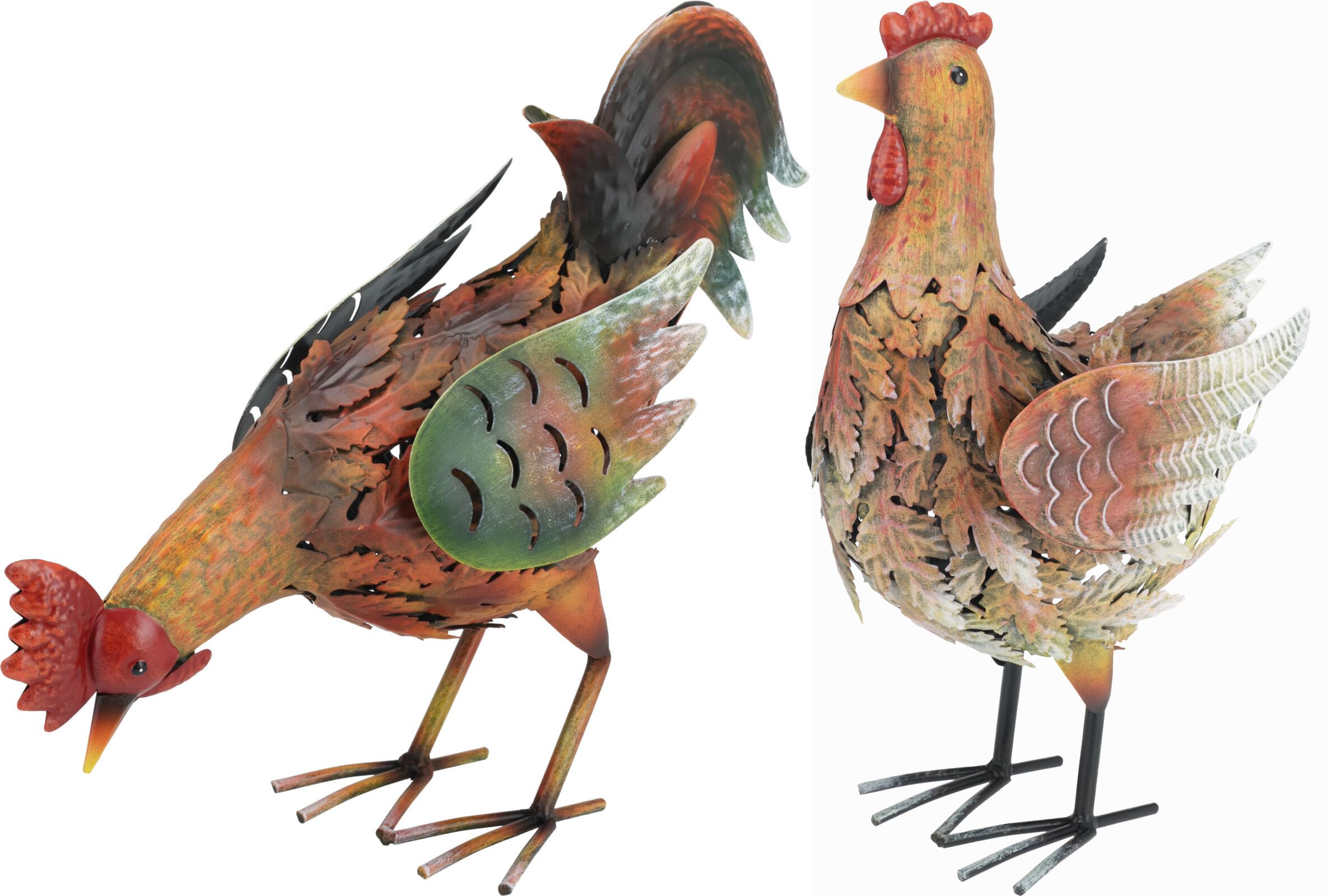 Muddy Hands Earthy Tones (Browns, Greens, Etc.) Metal Rooster & Hen Garden Ornaments – Rustic Farmyard Animal Statues For Outdoor Lawn, Patio Or Yard – Weather Resistant Decorative Sculptures