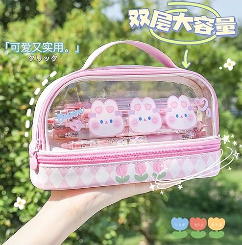 Miniatura 10 de JHTPSLR Estuche para lápices Kawaii grande con correa de doble capa, transparente, impermeable, lindo estuche para lápices, bolsas para bolígrafos,