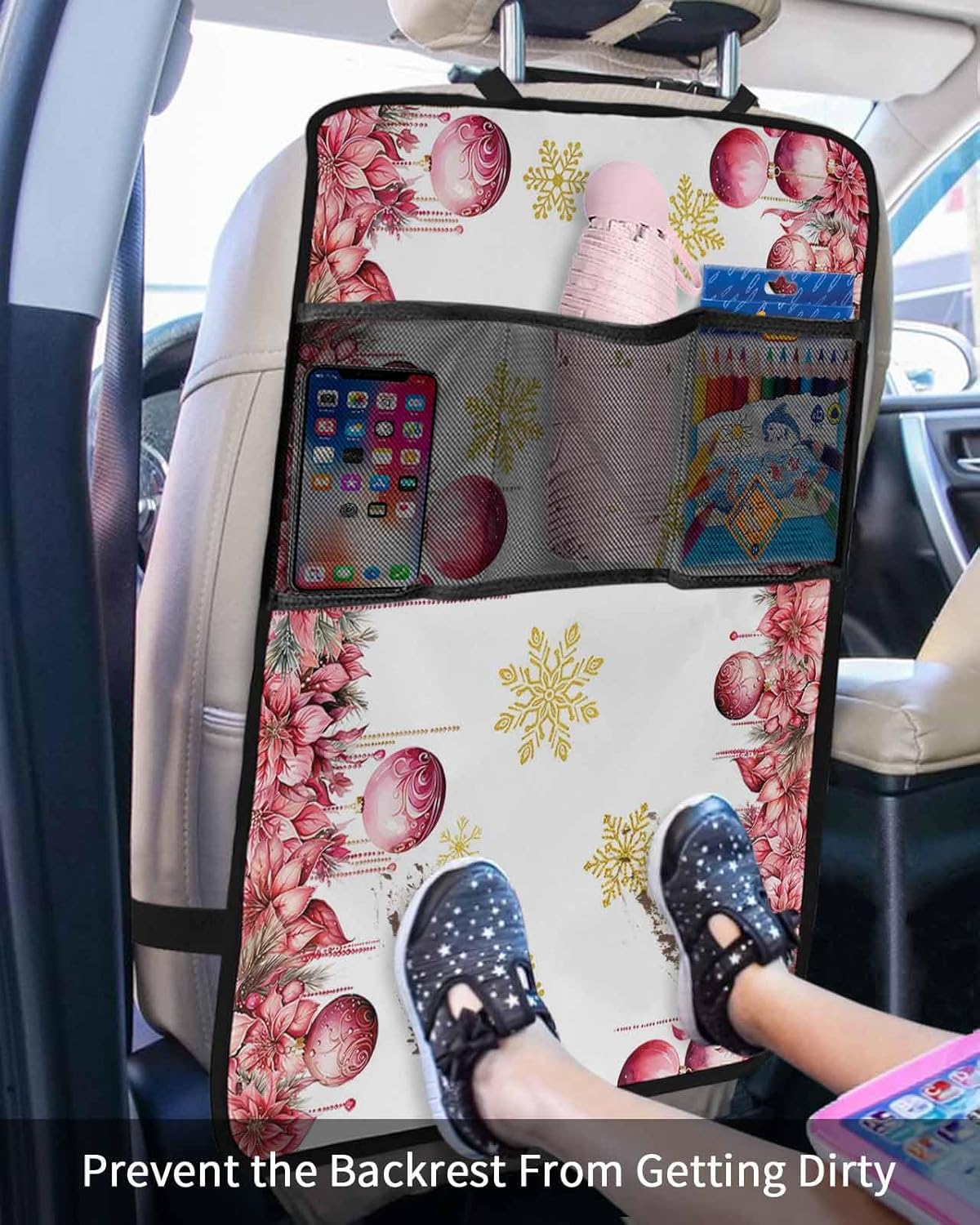Car Seat Protector, 2 Pack Kick Mats with Organizer - 3 Pocket Storage, Pink Christmas Balls Poinsettia Floral Winter Snowflake Back Seat Cover for Kids Universal Fit Automotive Interior Protectors