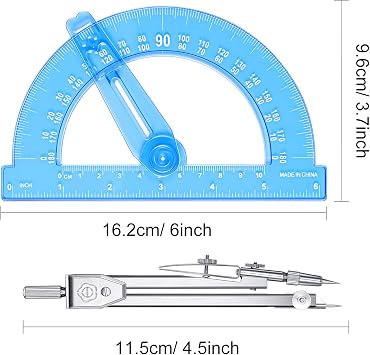 Student Geometry Math Set, Drawing Compass and 6 Inch Blue Swing Arm Protractors 180 Degree Math Protractor (Style 2)