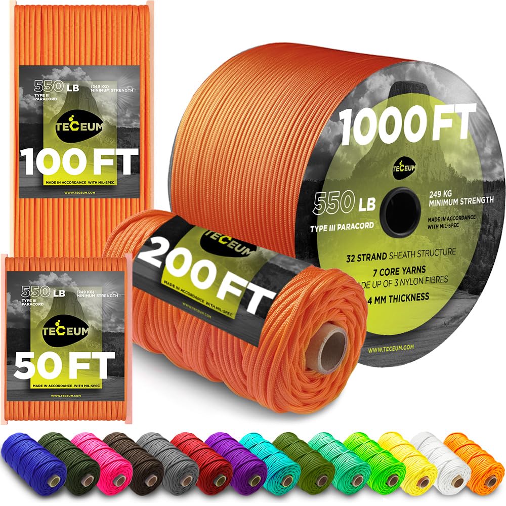TECEUM Paracord Type III 550 Orange Yellow - 1000 ft - 4mm - Tactical Rope MIL-SPEC - Outdoor para Cord -Camping Hiking Fishing Gear and Equipment - EDC Parachute Cord - Strong Survival Rope 044