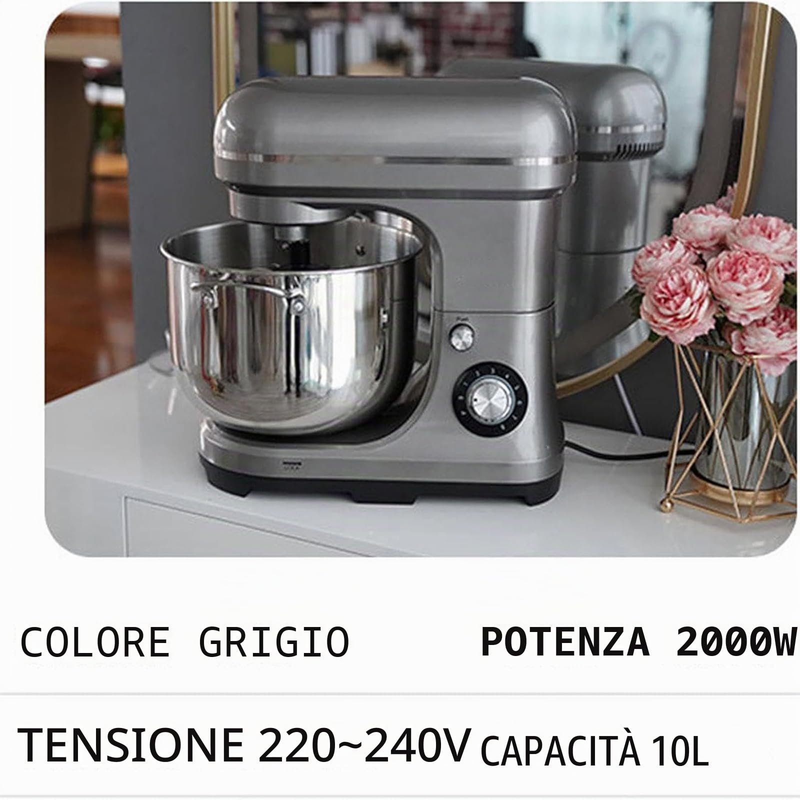MObyat Impastatrice Professionale da 2000 W, Impastatrice Verticale da 10 Litri Ad Alta capacità con Gancio Impastatore + Frusta, 8 velocità, Selettore Rotativo P-Speed, Adatta per Scuole