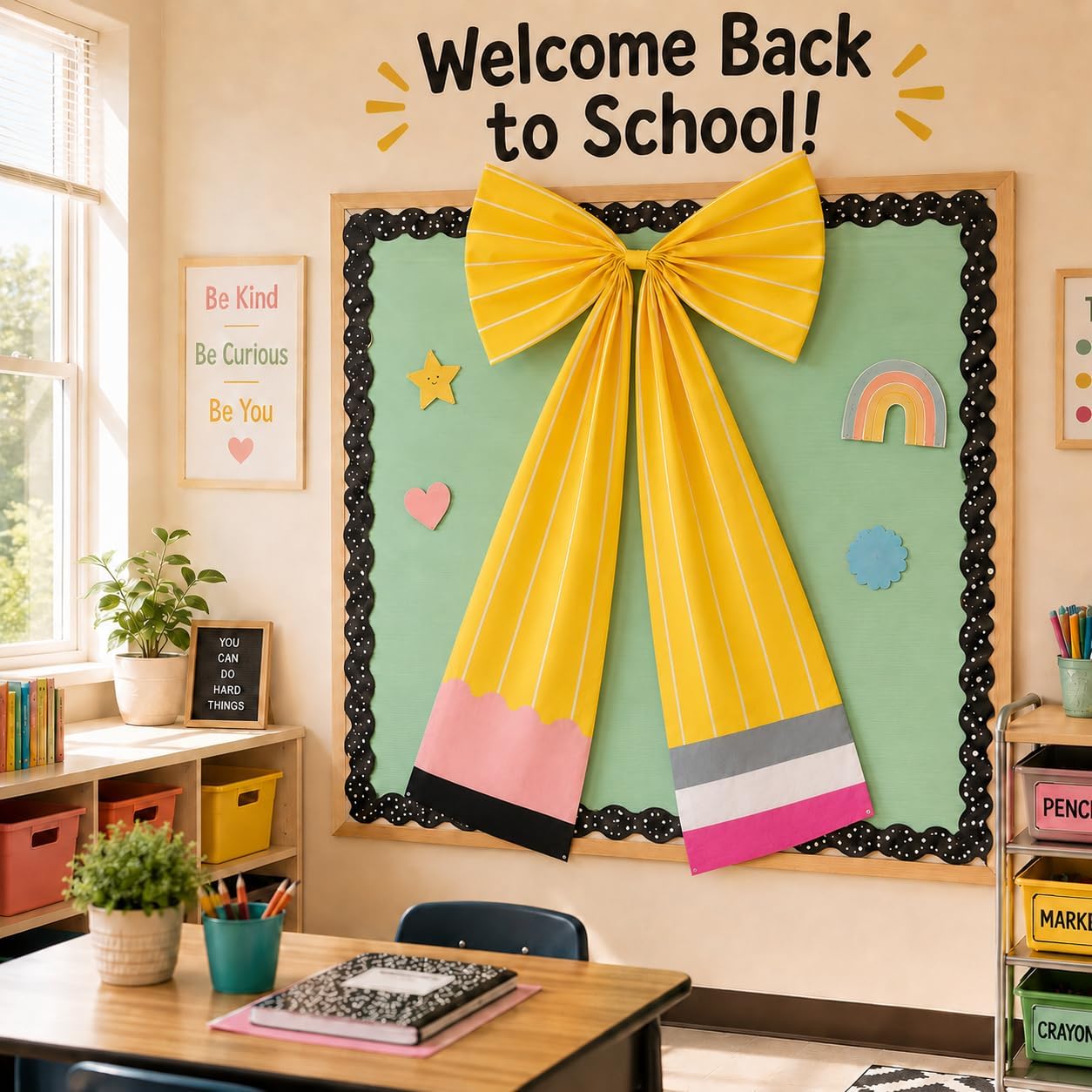 Large Pencil Bow 40x24 in Ribbon Tie Bows Welcome Back to School Pencil Bows Classroom Blackboard Backdrop for First Day of School Art Teacher Classroom Party Supplies