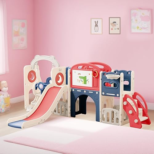 Set de juego de 12 en 1 para niños pequeños al aire libre con tobogán, parque infantil para niños pequeños y juego de columpios, juego de escalador