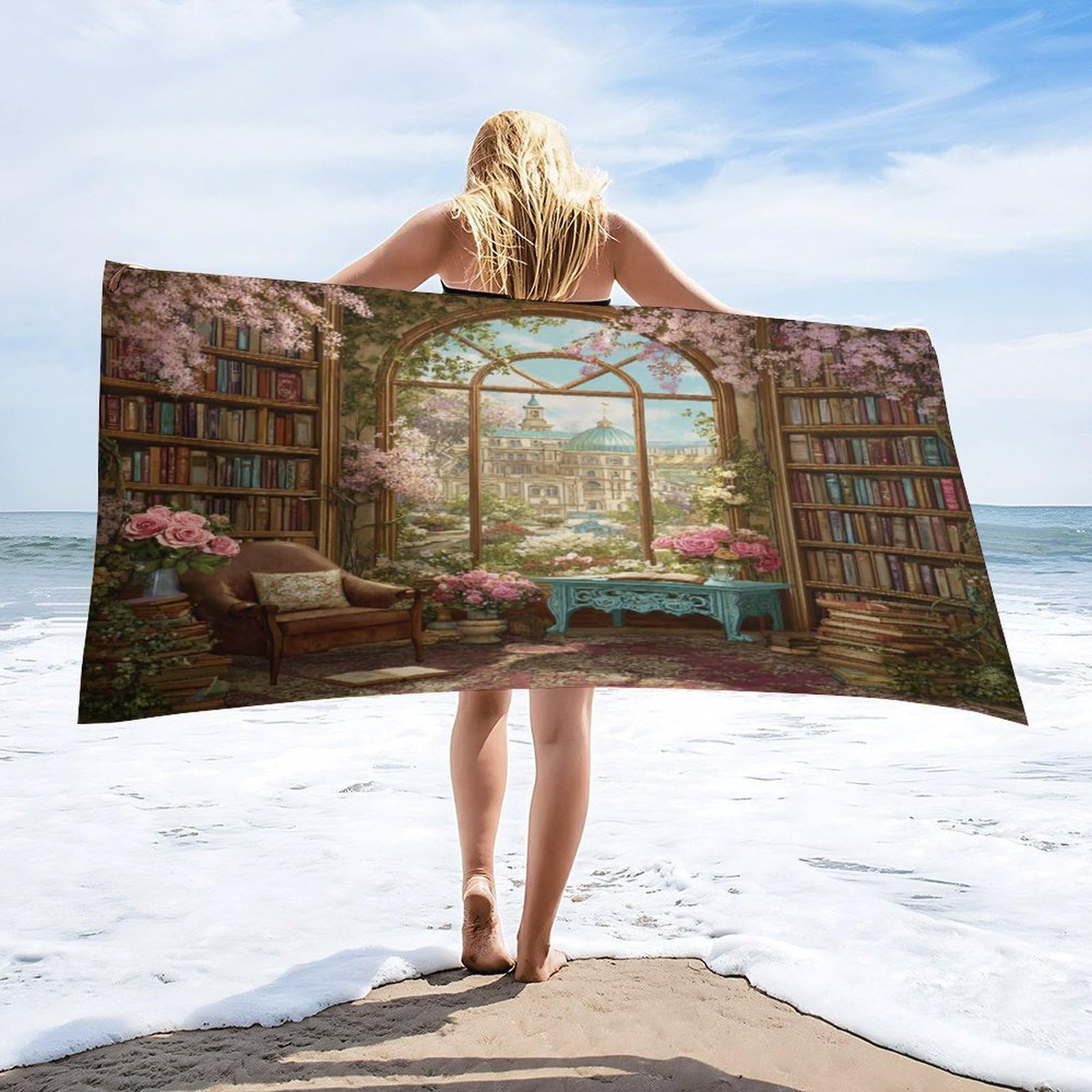 Luyysky Romantic Rustic Library Bookshelf Absorbent Beach Towel, Classic Vintage Castle Plant Pink Roses Cherry Blossoms Outdoor Single-Sided Velvet Beach Towel-80 W Cm X 160" L Cm
